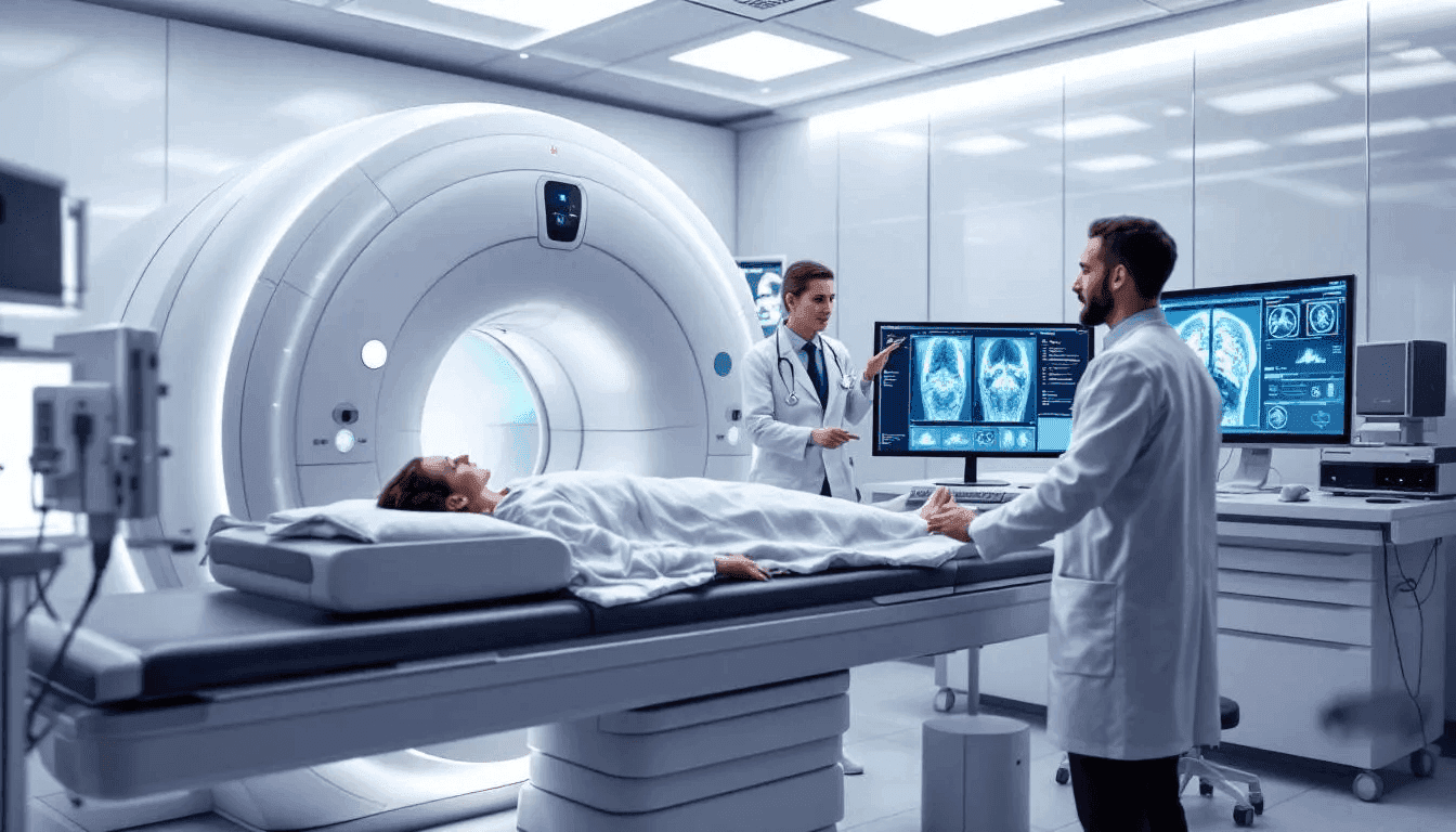 In the image, a modern medical imaging workflow is depicted, showcasing the seamless integration of advanced imaging equipment, artificial intelligence systems, and remote radiologists working together to enhance patient care and diagnostic accuracy. This innovative approach utilizes various imaging technologies, including X-rays and ultrasound, to improve the diagnosis and management of diseases like cancer.