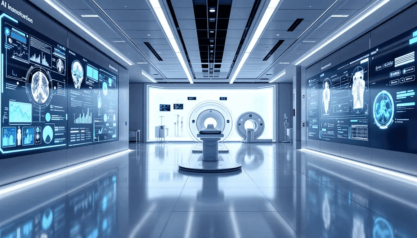 An advanced imaging center is depicted, showcasing state-of-the-art medical equipment, including digital displays that highlight AI-enhanced diagnostic tools for patient care. The environment emphasizes the integration of technology in radiology, aiming to improve the accuracy of diagnoses and treatment for various diseases.