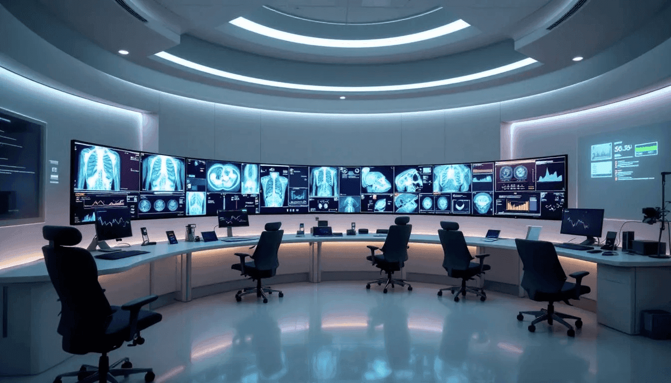 In a modern radiology reading room, multiple monitors showcase AI-enhanced imaging workflows, displaying various medical images such as CT scans and MRI results. This high-tech environment supports radiologists in improving patient care through advanced analysis and interpretation of clinical data using artificial intelligence and deep learning techniques.