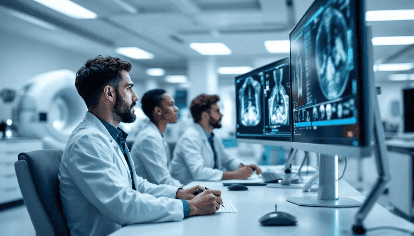 In a modern imaging center, a diverse team of radiologists collaborates at AI-assisted workstations, utilizing advanced technologies to analyze medical images for improved patient care and early detection of conditions like breast cancer. The environment emphasizes teamwork and the integration of artificial intelligence in radiology services, enhancing the accuracy of diagnoses and research efforts.