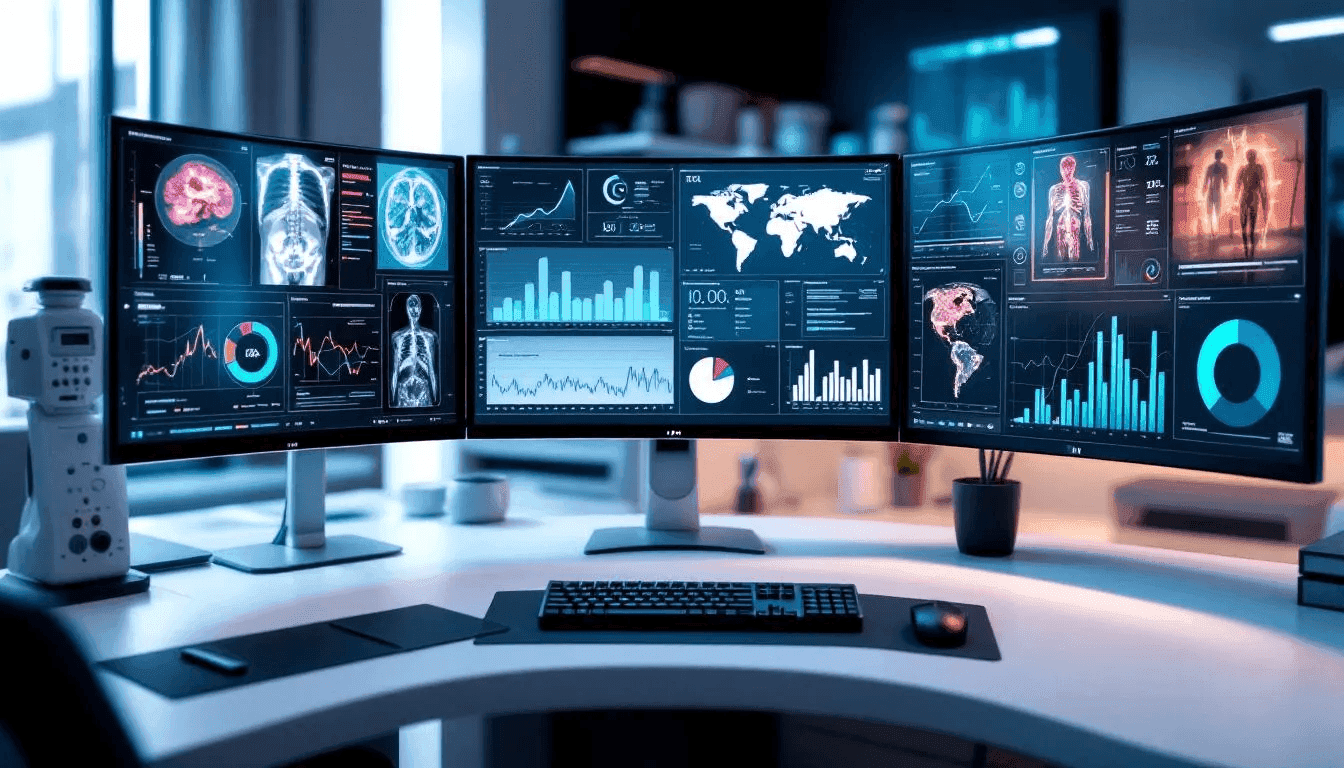 The image depicts a medical imaging workstation featuring multiple monitors that showcase AI-enhanced diagnostic tools and radiological images, emphasizing the role of artificial intelligence and deep learning in improving patient care and diagnosis. This setup is designed to support radiologists in analyzing clinical data and providing teleradiology services efficiently.