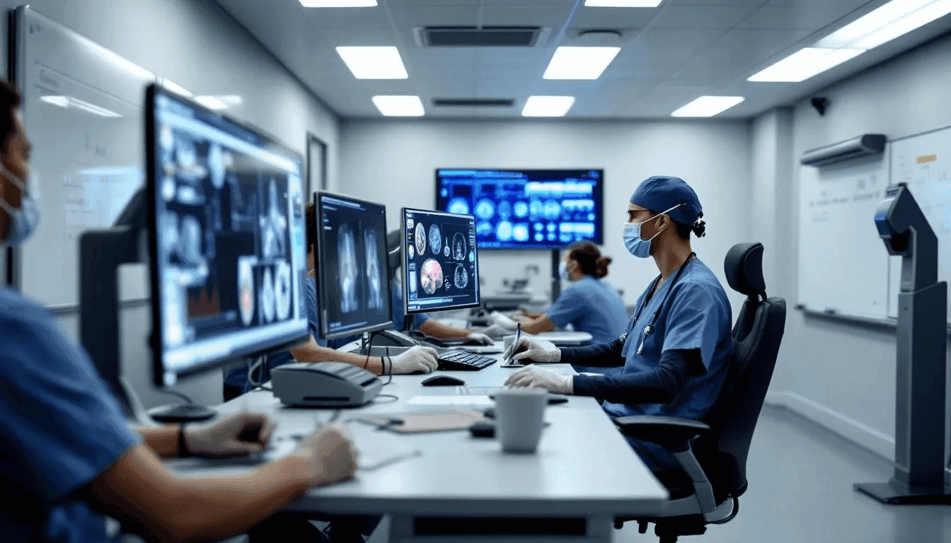 In the image, a group of radiologists engages in a hands-on training session focused on AI technologies, utilizing workstations to practice medical imaging techniques. The session emphasizes the use of artificial intelligence and machine learning to improve patient care and enhance the accuracy of diagnostic evaluations in radiology services.