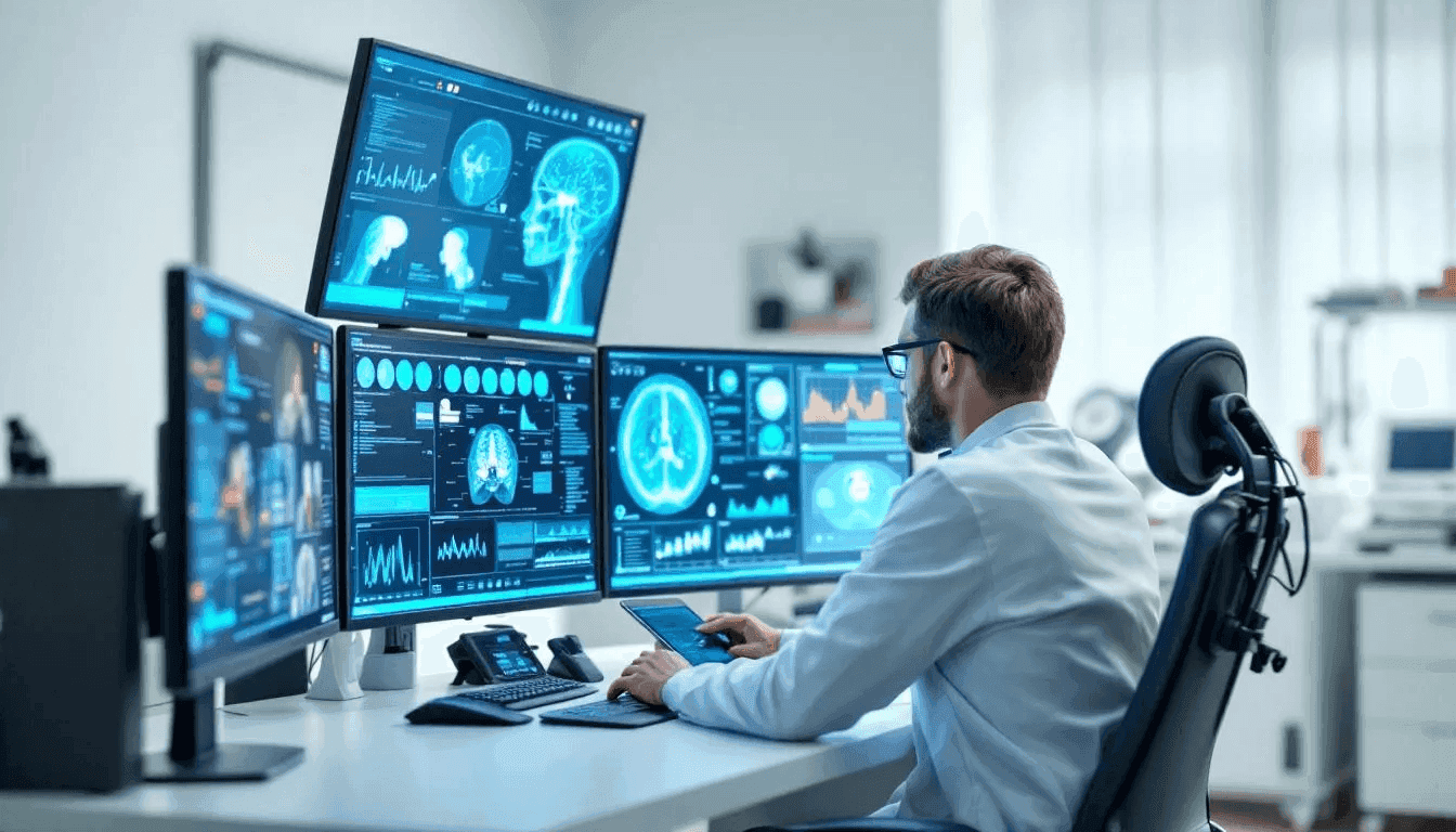 A healthcare professional is intently analyzing AI-generated medical data displayed on multiple screens, focusing on improving patient care and health outcomes. This scene highlights the integration of artificial intelligence in healthcare, showcasing its role in clinical practice and medical diagnosis.