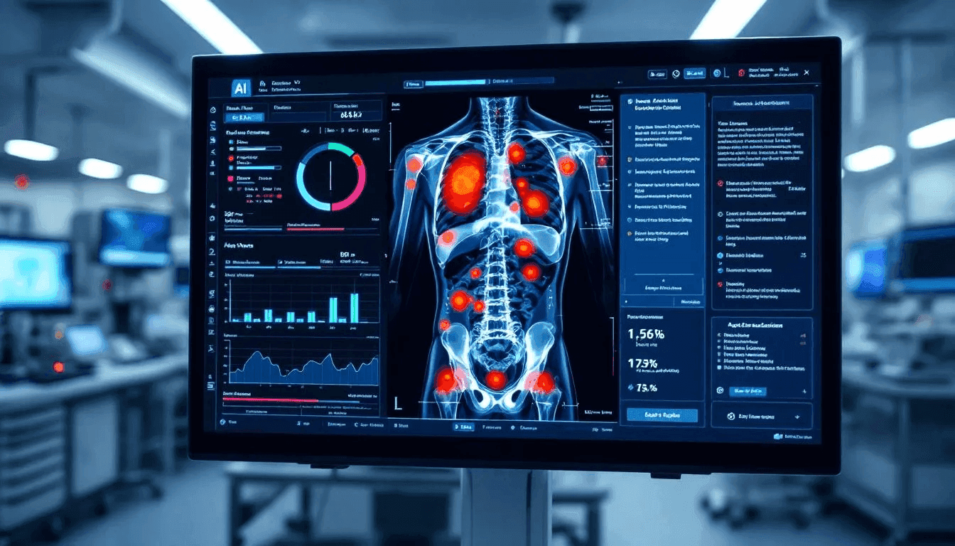 An AI system is showcasing a detailed analysis of medical scan results, with specific areas of concern highlighted for healthcare professionals. This advanced technology plays a crucial role in medical diagnosis, supporting clinical decision-making and ultimately improving patient outcomes in the healthcare sector.