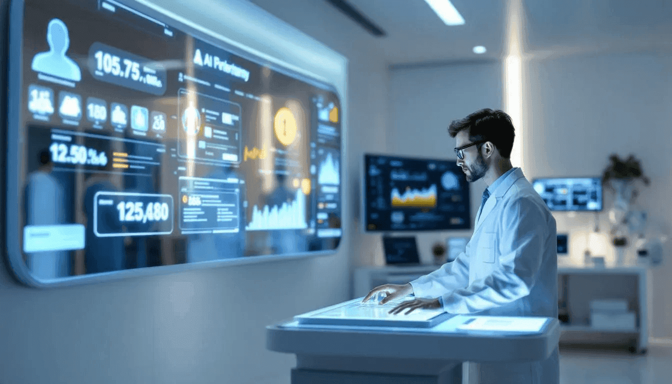 The image depicts a modern healthcare workspace featuring healthcare professionals interacting with integrated AI systems and digital interfaces, designed to enhance patient care and streamline clinical workflows. Various electronic health records and AI tools are visible, emphasizing the role of artificial intelligence in improving health outcomes and supporting medical diagnosis.