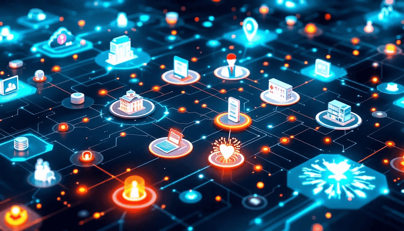 The image depicts a network visualization illustrating the complex flows of interconnected healthcare data, highlighting various AI analysis points utilized by healthcare professionals. This representation emphasizes the role of artificial intelligence in improving patient outcomes, enhancing clinical practice, and supporting healthcare organizations in their decision-making processes.