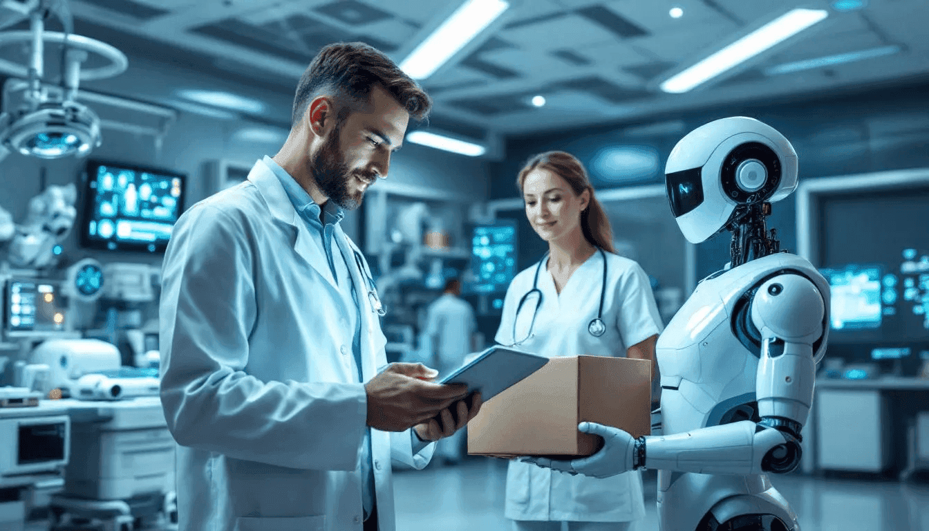 The image depicts healthcare professionals collaborating with advanced AI systems in a modern medical facility, focusing on improving patient care through the integration of artificial intelligence technology. This collaboration aims to enhance clinical workflows and support medical diagnosis, ultimately leading to better health outcomes for patients.